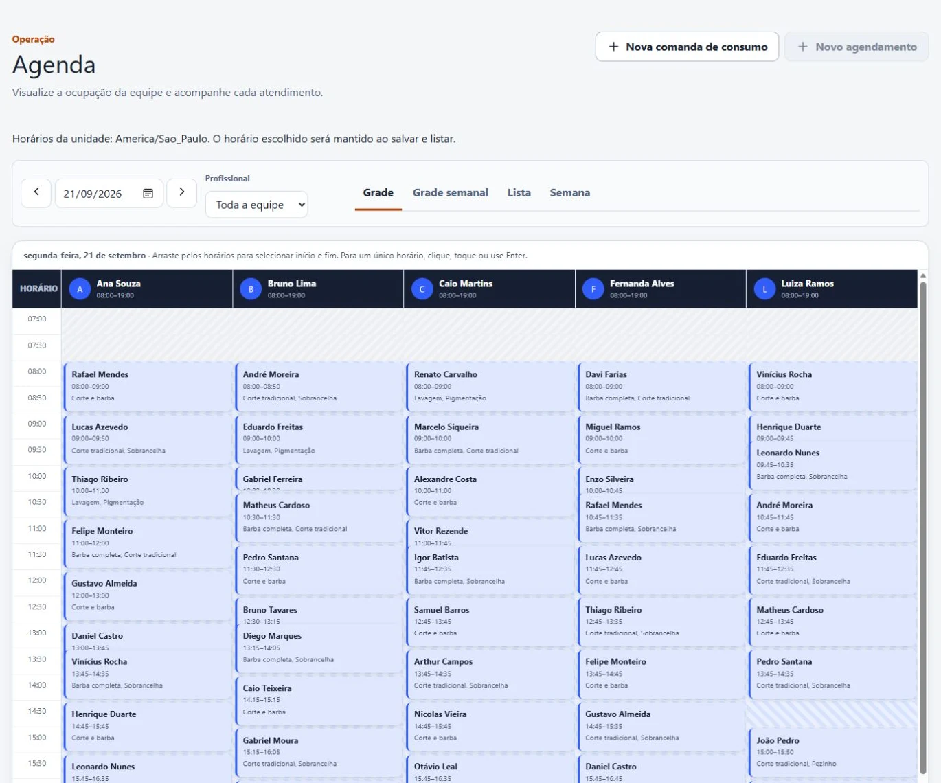 Agenda da equipe preenchida com horários de cinco profissionais.