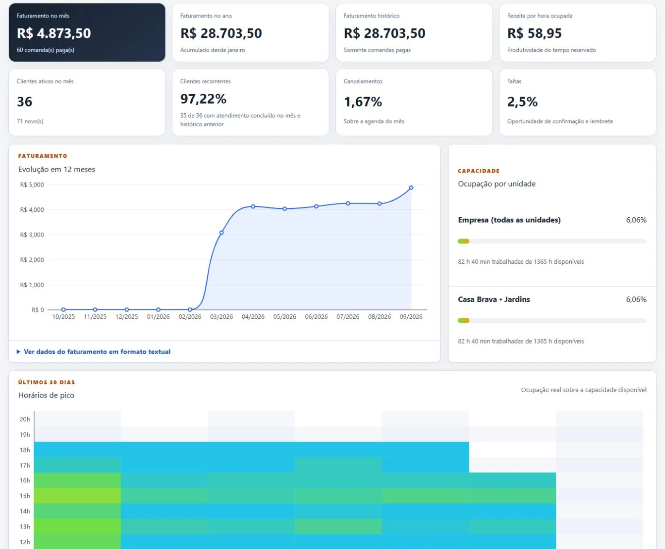 Dashboard da Caluri com faturamento, recorrência e gráficos de ocupação.